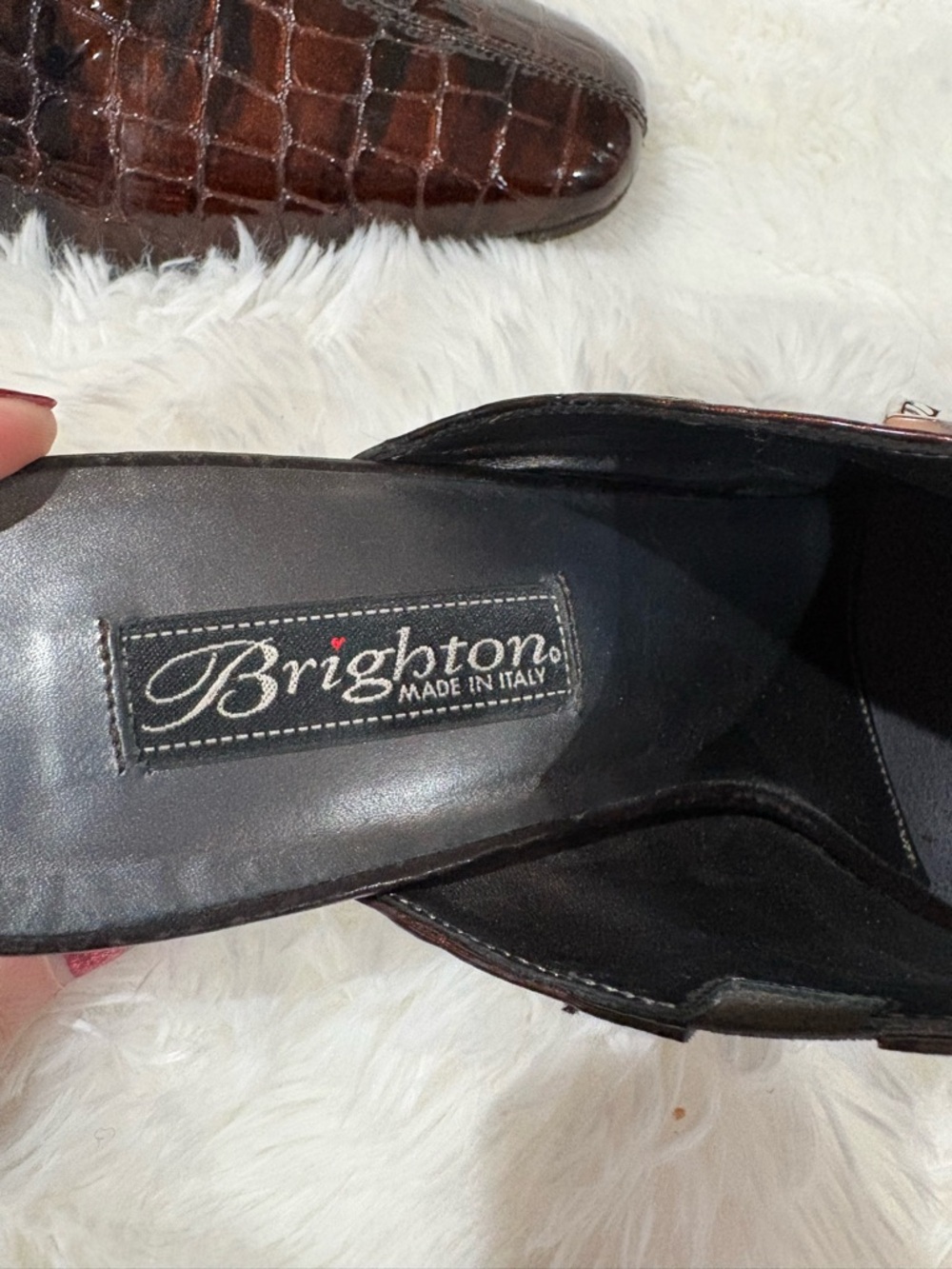 Brighton  Dark Brown Croc-Embossed Slip-On Mules with Silver Buckle - Picture 7 of 12